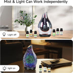 Essential Oil Diffuser & Essential Oils Set, Glass Aromatherapy Diffuser, 6 Oils Gift Pack (Lavender Tea Tree Lemongrass Sweet Orange Eucalyptus Peppermint)