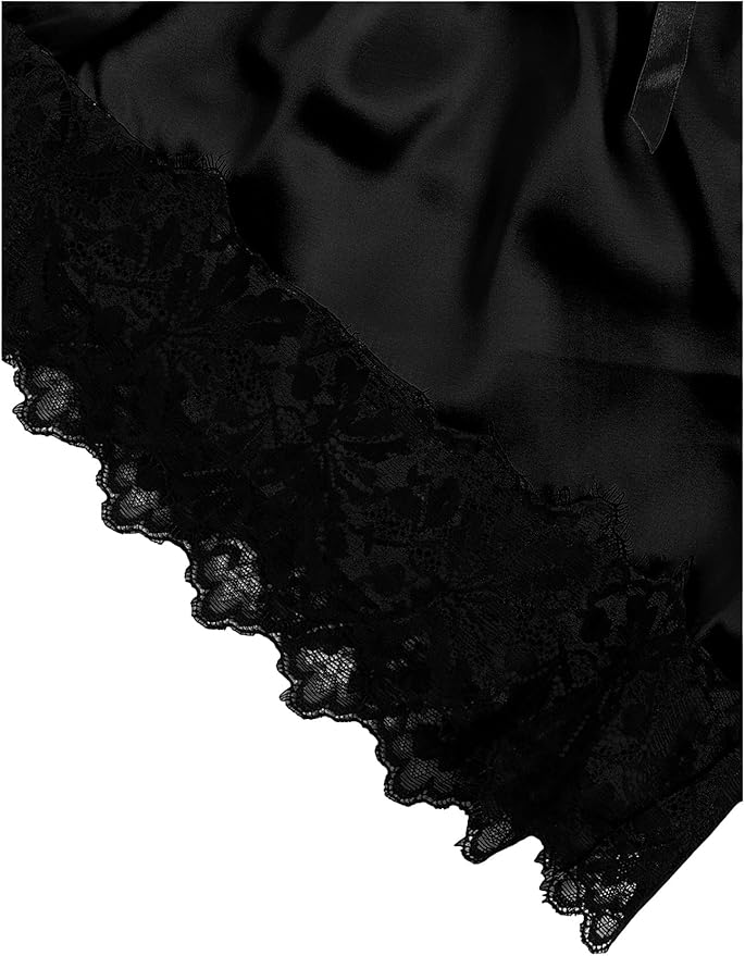 WDIRARA Women' Silk Satin Pajamas Set 4pcs Lingerie Floral Lace Cami Sleepwear with Robe