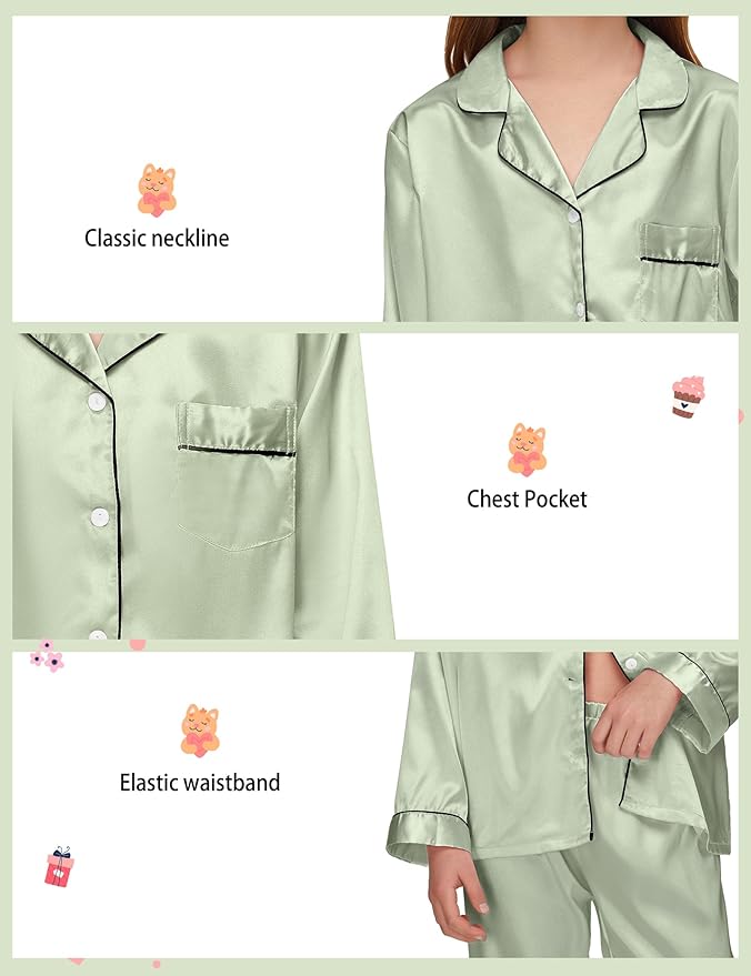 EPLAZA Kids Satin Pajamas Sets Girls Boys Button-Down Silky Pajamas Sleepwear with Hairband Eye Mask Hair Tie