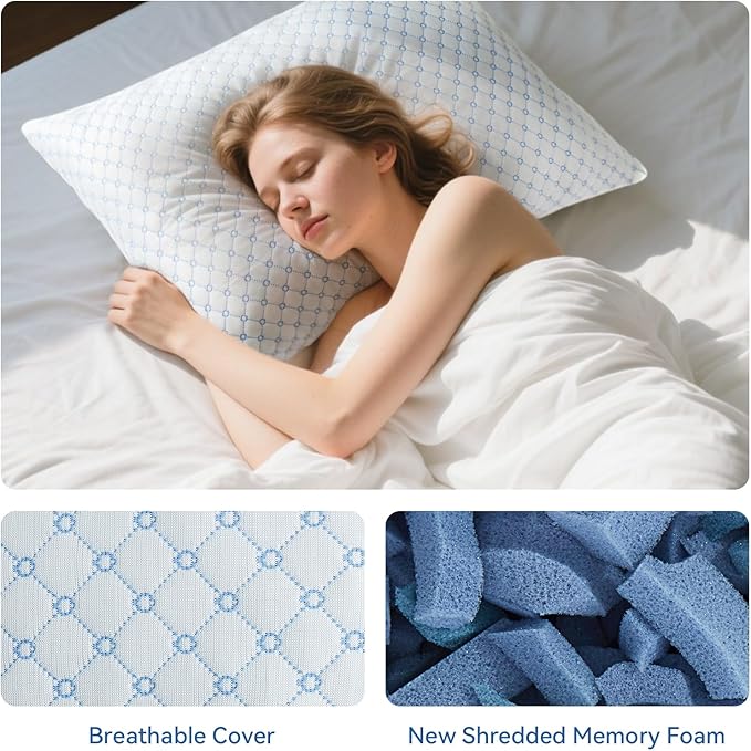 Cooling Bed Pillows for Sleeping Set of 2, Shredded Memory Foam Pillows for Bed Queen Size 2 Pack, Adjustable Cool Pillow for Side, Back and Stomach Sleepers Neck Supportive