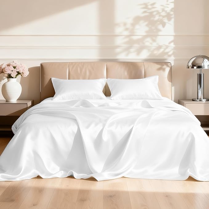 Love's cabin California King Satin Sheet Sets - 4 Piece White Silky Sheets Bed Set with Deep Pocket, Luxury Silk Feel Satin Cal King Sheet Set (1 Flat Sheet,1 Fitted Sheet,2 Pillow Cases)