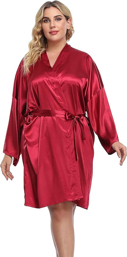 Women's Plus Size Short Silky Bathrobes Satin Kimono Robes Bride Bridesmaid Loungewear Soft Nightgown