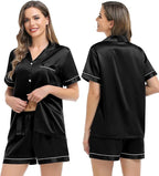 SWOMOG Womens Silk Satin Pajamas Set Short Sleeve Sleepwear Button Down Top and Shorts Loungewear 2 Piece Pjs Set XS-3XL