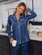 Ekouaer Satin Pajama Set for Women Silky Sleepwear Long Sleeve Top and Pants Button Down Pjs Lounge Set