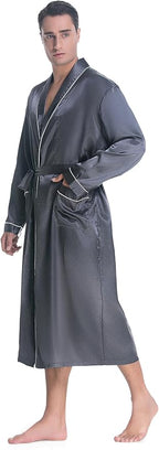 Lavenderi Mens Silky Satin Lounge Robe, Long Lightweight Sleepwear