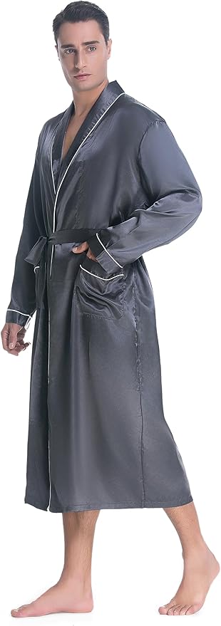 Lavenderi Mens Silky Satin Lounge Robe, Long Lightweight Sleepwear