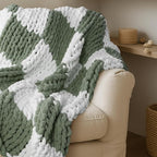 Tudomro Checkered Chunky Knit Throw Blanket for Couch 50 x 60 Inches Neutral Decor 100% Hand Knitted Cozy Soft Large Rope Knot Crochet Blankets for Sofa Living Room(Ivory and Sage Green)