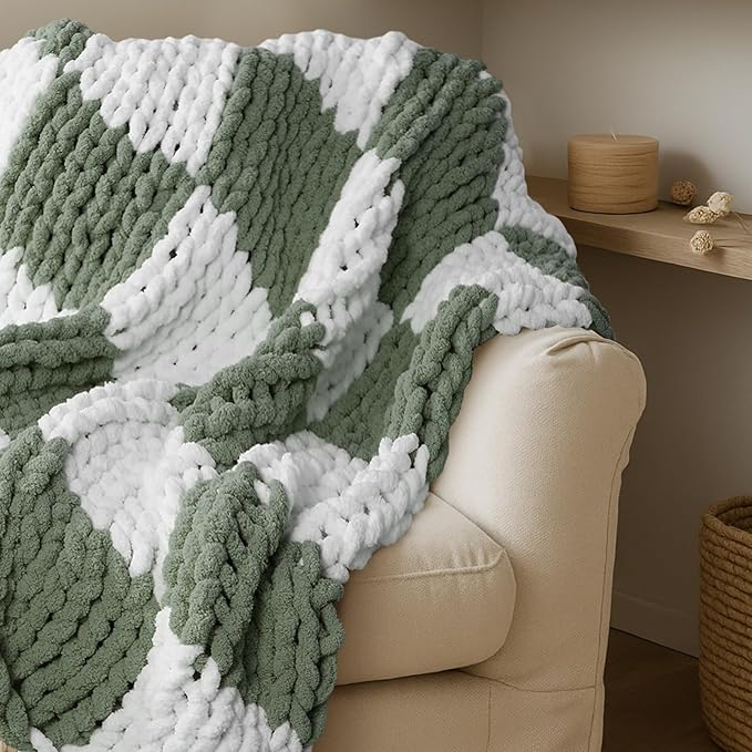 Tudomro Checkered Chunky Knit Throw Blanket for Couch 50 x 60 Inches Neutral Decor 100% Hand Knitted Cozy Soft Large Rope Knot Crochet Blankets for Sofa Living Room(Ivory and Sage Green)