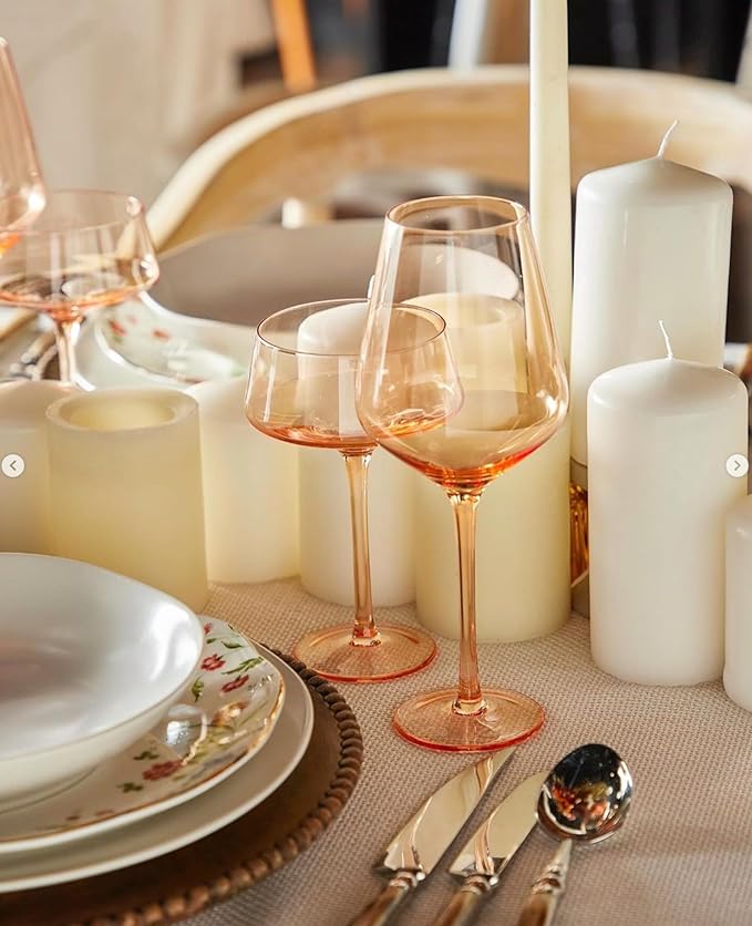 Saludi Original Light Peach Wine Glasses, 16.5oz (Set of 6) Color of the Year Glass - Great for All Wine Types and Occasions or Gifts - Luxury, Durable, Hand-Blown