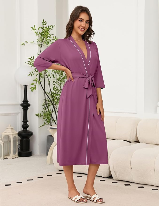 Ekouaer Robes for Women Long Knit Bathrobe Lightweight 3/4 Sleeves Kimono Robe Soft Sleepwear with Pockets S-XXL