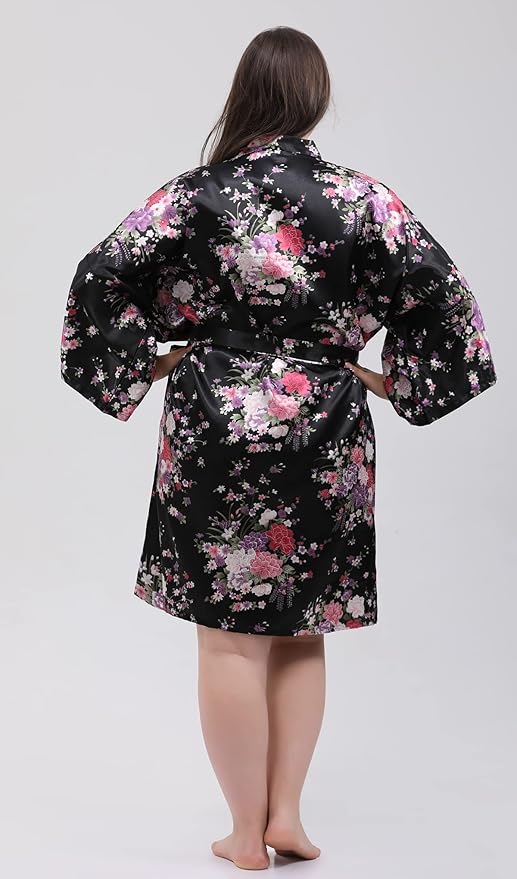 QXQTER Peony Floral Silky Satin Robe Wedding Bridal Party Bride Bridesmaid Robes for Women Dressing Gown Kimono Robe