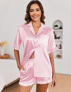 Ekouaer Satin Pajama Set for Women Button Down Silk 2 Piece Pj Sets Ruffle Short Sleeve Sleepwear