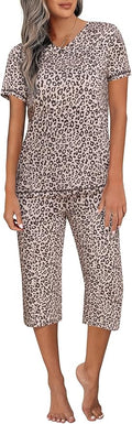 Ekouaer Women's Sleepwear Capri Pajama Sets Short Sleeve Two-Piece Pjs V Neck Tops & Capri Pants with Pockets S-3XL