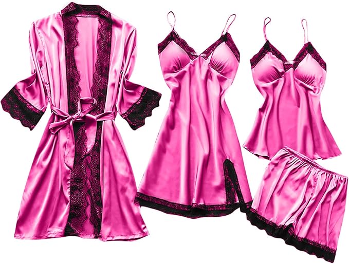 Women's 4pcs Silk Satin Pajamas Set Floral Lace Trim Dress with Robe Lounge Sleepwear Nightdress Novelty Loungewear