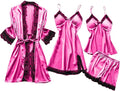 Women's 4pcs Silk Satin Pajamas Set Floral Lace Trim Dress with Robe Lounge Sleepwear Nightdress Novelty Loungewear
