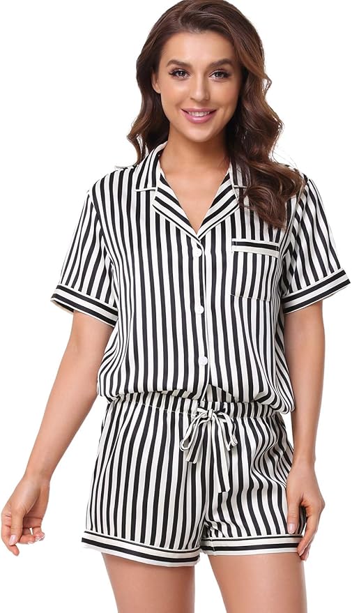 Serenedelicacy Women's Satin Pajama Set 2-Piece Sleepwear Loungewear Button Down Short Sleeve Silky PJ Set