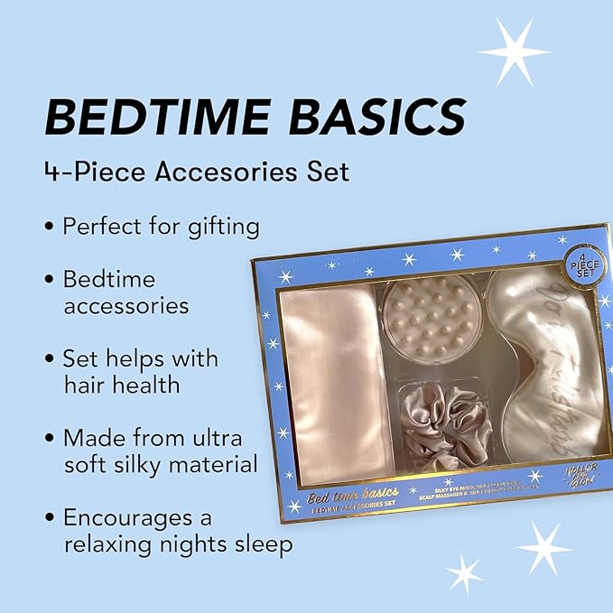 Holler And Glow Bedtime Basics Accessories Valentine's Day Set, Limited Edition, Sleep Eye Mask, Silk Scrunchie, Hair Growth Scalp Massager, Satin Pillowcase, Beauty Sleep For Women, 4 Piece Gift Set