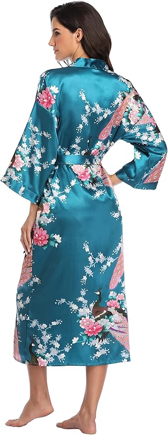 Valennia Women Long Silky Bathrobe Satin Kimono Robe Floral Printed Dressing Gown Sleepwear