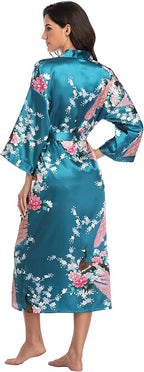 Valennia Women Long Silky Bathrobe Satin Kimono Robe Floral Printed Dressing Gown Sleepwear