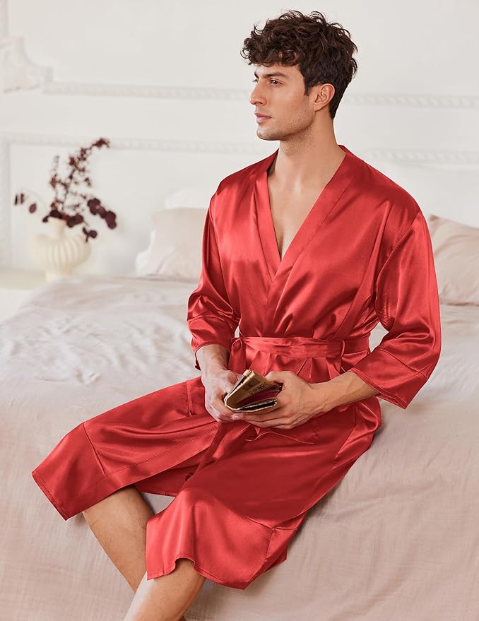 Ekouaer Mens Satin Robe Lightweight Silky Kimono Bathrobe 3/4 Sleeve Spa Knee Length Loungewear with Pockets S-3XL