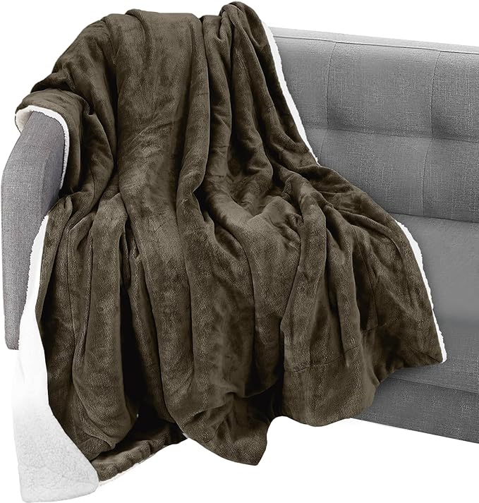 Elegant Comfort Throw Blanket, Reversible Sherpa Flannel, Ultra-Soft, Fuzzy, Cozy and Plush- All Season Lightweight Decorative Throw, 50 x 60 inches, Solid Sherpa Throw, Brown