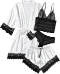 WDIRARA Women' Silk Satin Pajamas Set 4pcs Lingerie Floral Lace Cami Sleepwear with Robe