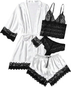 WDIRARA Women' Silk Satin Pajamas Set 4pcs Lingerie Floral Lace Cami Sleepwear with Robe