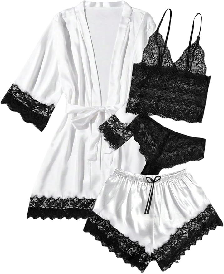 WDIRARA Women' Silk Satin Pajamas Set 4pcs Lingerie Floral Lace Cami Sleepwear with Robe