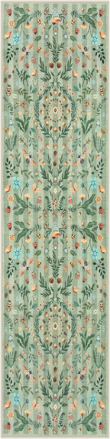Lahome Chloe Insect Botanical 2'6"x10' Green Runners for Hallways,Non Slip Washable Kitchen Bathroom Runner Rug,Soft Non Skid Indoor Rugs for Entryway Laundry Bedroom(Green,2'6"x10')