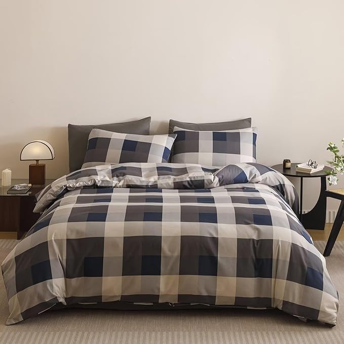 Luxlovery Checkered Navy Blue Comforter Set Twin Gingham Plaid Comforter Boys Kids Bedding Set Fluffy Soft Grid Khaki and Blue Blanket Quilts with 2 Pillowcases