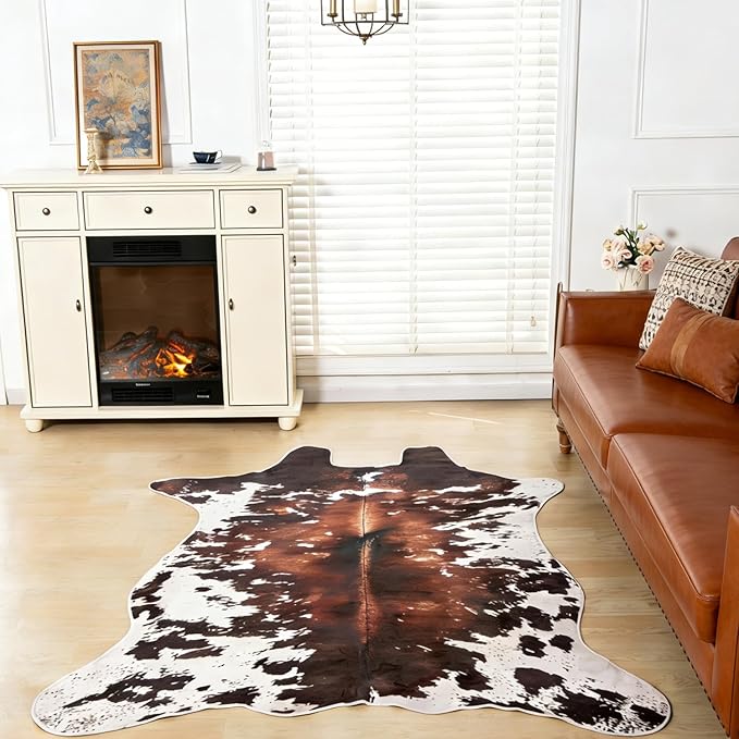 Cow Print Rug, Faux Fur Western Rug 5.2x6.5 Feet Non-Slip Animal Print Washable Faux Cashmere Carpet for Living Room, Western Bedroom Decor, Rustic Farmhouse Home Office