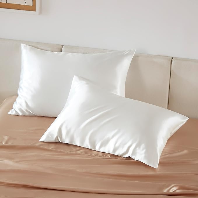 Bedsure Satin Pillowcase with Zipper, Similar to Silk Pillow Cases 2 Pack, White Satin Pillow Cases Standard Size, Silky & Soft Pillow Covers, Valentines Day Gifts for Women Men, 20x26 Inches