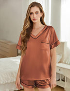 Silk Pajamas for Women Short Sleeve Satin 2 Piece Pj Set Soft V Neck Sleepwear Loungewear, S-XXL