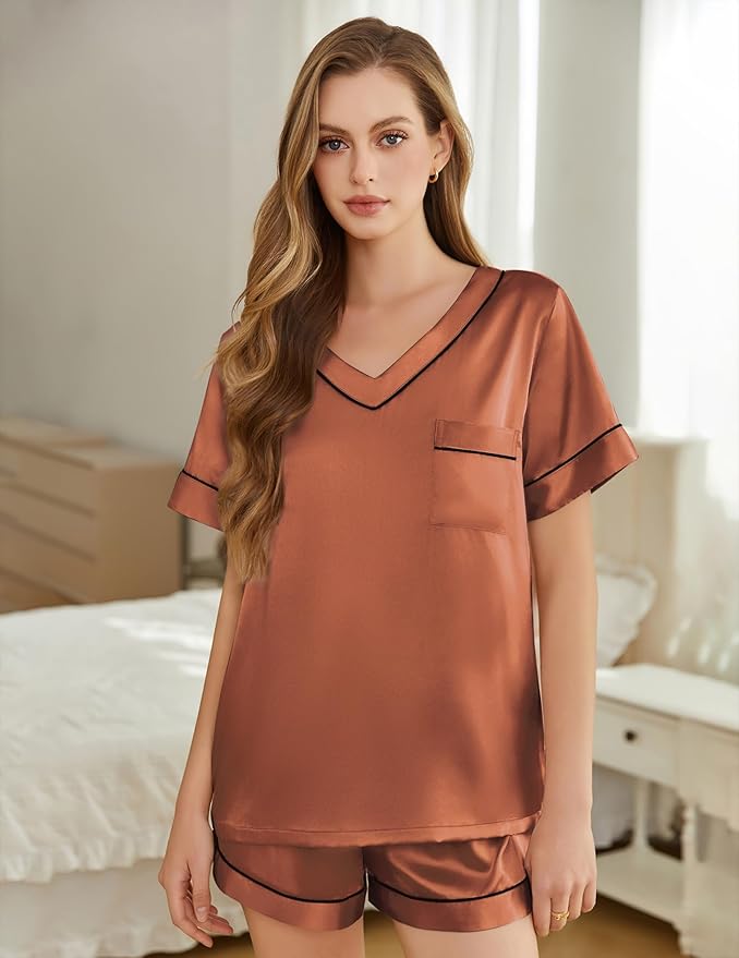 Silk Pajamas for Women Short Sleeve Satin 2 Piece Pj Set Soft V Neck Sleepwear Loungewear, S-XXL