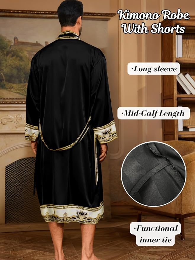 ChiaoLezhee Men's Luxury Silky Robe & Shorts Set, 2PC Lightweight Satin Pajamas with Pockets, Opulent Baroque Kimono Gifts