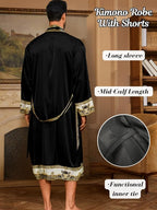 ChiaoLezhee Men's Luxury Silky Robe & Shorts Set, 2PC Lightweight Satin Pajamas with Pockets, Opulent Baroque Kimono Gifts