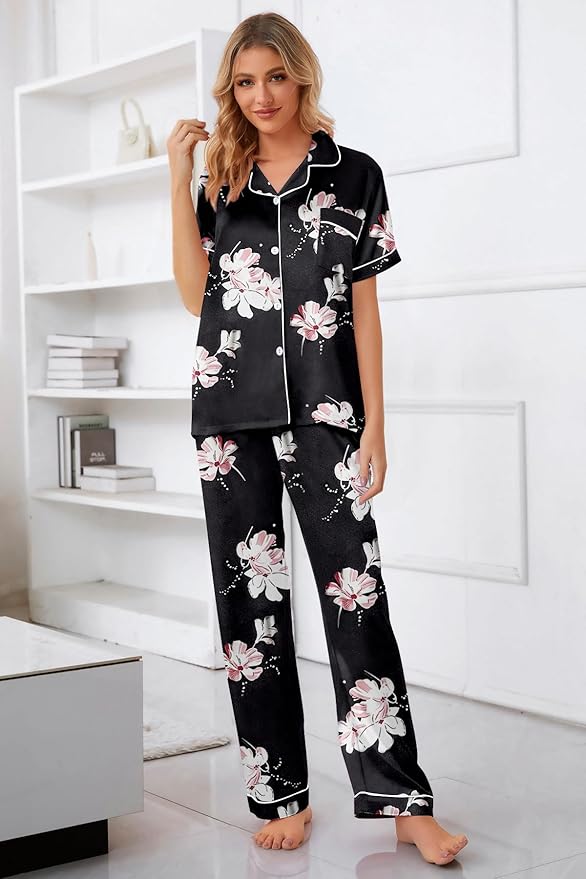 Umeyda Girls Womens Pajamas Set, Satin Silky Button Down Loungewear 2 Piece Short Sleeve Pants PJS Sets for Mommy Kids