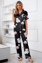 Umeyda Girls Womens Pajamas Set, Satin Silky Button Down Loungewear 2 Piece Short Sleeve Pants PJS Sets for Mommy Kids