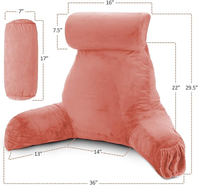 Clara Clark Reading Pillow with Shredded Memory Foam Includes 2 Neck and Lumber Support Pillows, Designed for Sitting Up in Bed and Couch Back and Arms Adjustable Support for Adults & Teens Misty Rose