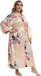 Women's Floral Long Satin Robes Plus Size Long Silk Robes Peacock Floral Kimonos Sleepwear Dressing Gown