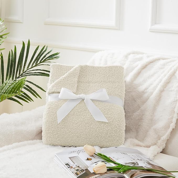 CYMULA Super Soft Twin Size Beige Knit Throw Blanket - Lightweight Plush Fuzzy Fluffy Warm Cozy Blankets and Throws for Sofa Bed All Season Use, 60x80 inches
