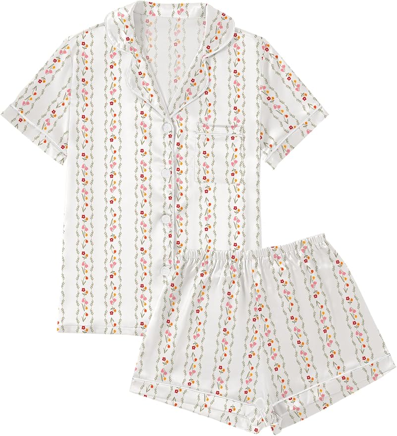 LYANER Women's Silky Satin Pajamas Set Short Sleeve Button Down Shirt With Shorts Pjs Set Sleepwear