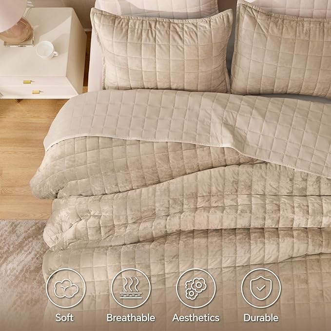 BEDELITE Velvet Quilt Set King Size - Luxury Velvet Comforter Bedding Set 3 Pieces, Lightweight Soft Cozy Taupe Oversized Bedspread Coverlet for All Seasons with 2 Pillow Shams