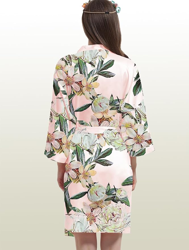 WJing Yi Jia Womens Satin Kimono Robe Silky Robes Floral Bathrobe Bride Bridesmaid Wedding Bridal Dressing Gown Loungewear