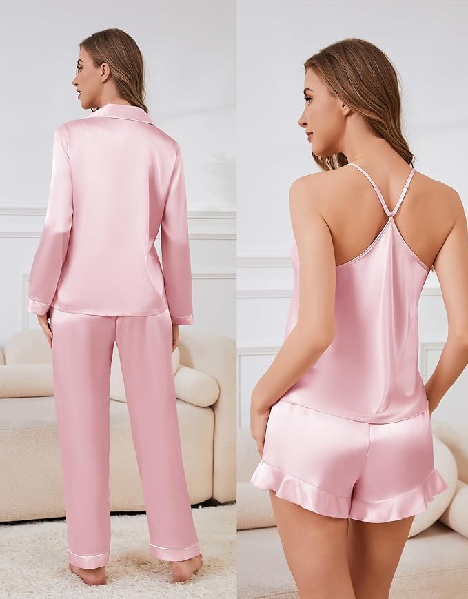 SAPJON Satin Silk Pajamas for Women Set 5PCS Classic Button Down Pajamas Top and Pants Cami and Ruffle Shorts Sleepwear