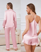SAPJON Satin Silk Pajamas for Women Set 5PCS Classic Button Down Pajamas Top and Pants Cami and Ruffle Shorts Sleepwear