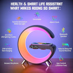 Smart Table Lamp, 15W Wireless Charger Station with LED Atmosphere Lamp, Bedside Night Light, Alarm Clock, Bluetooth Speaker with App Control for Home Decor, Gift for Girls Boys for Birthday Christmas