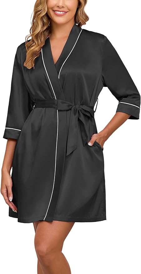 Veseacky Women's Satin Robe Knee Length V Neck Lightweight Silky Bathrobe Casual Loungewear Sleepwear with Waist Tie