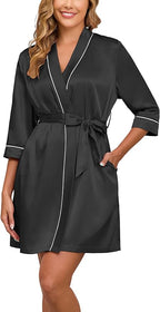 Veseacky Women's Satin Robe Knee Length V Neck Lightweight Silky Bathrobe Casual Loungewear Sleepwear with Waist Tie