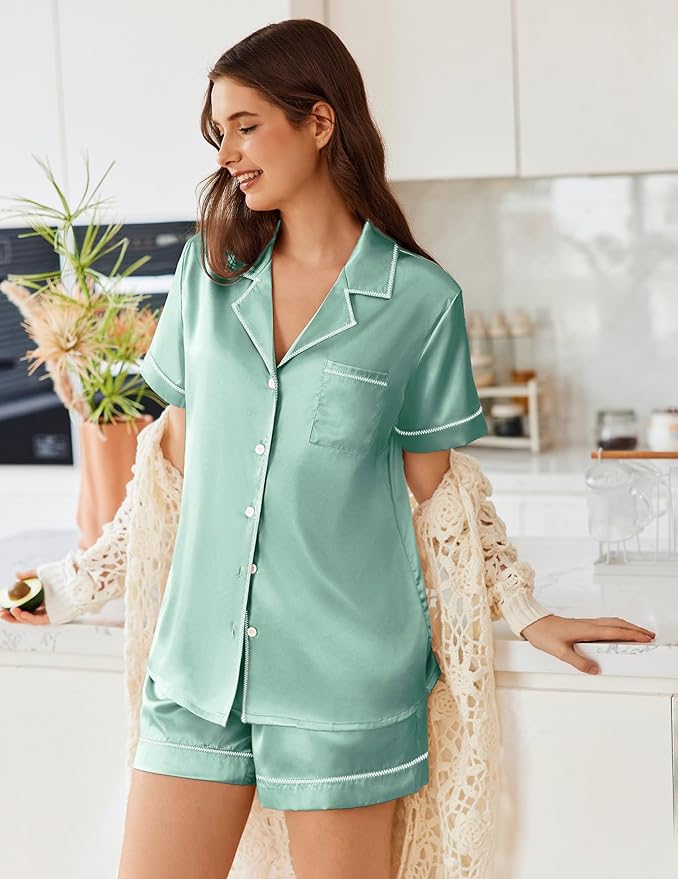 Ekouaer Womens Satin Silk Pajamas Set Short Sleeve Sleepwear Button Down Top and Shorts Loungewear 2 Piece Pjs Set S-XXL